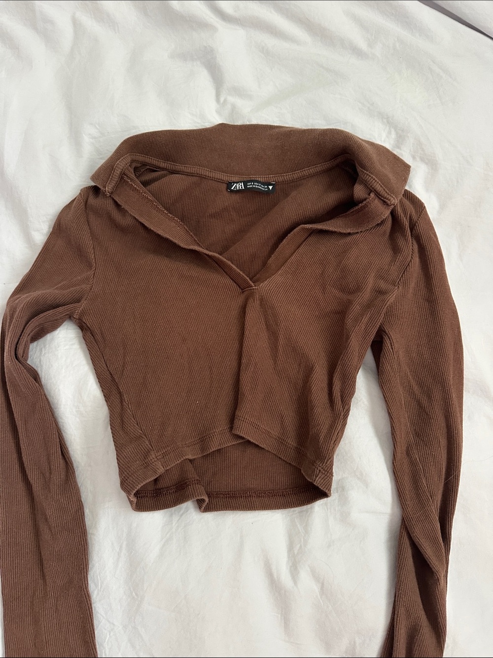Zara Chocolate Brown Ribbed Long-Sleeve Cropped Top